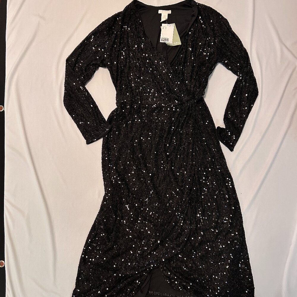 NEW H&M Womens Sequin Black faux wrap dress size S
